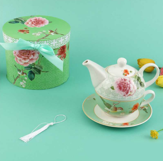 LECORA English Teapot + Teacup Set *GREEN ROSE*
