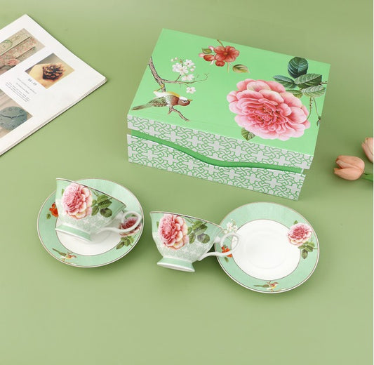 LECORA 2 ENGLISH TEA CUPS SET "Green Rose"